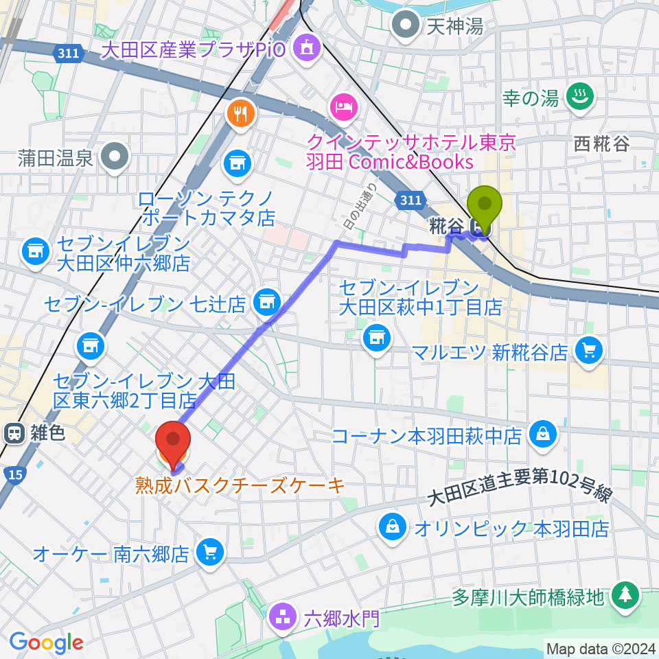 糀谷駅から空音舎へのルートマップ地図