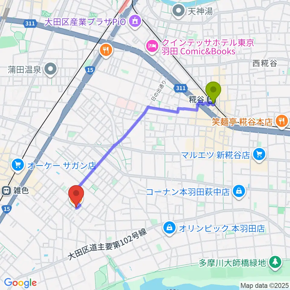 糀谷駅から空音舎へのルートマップ地図
