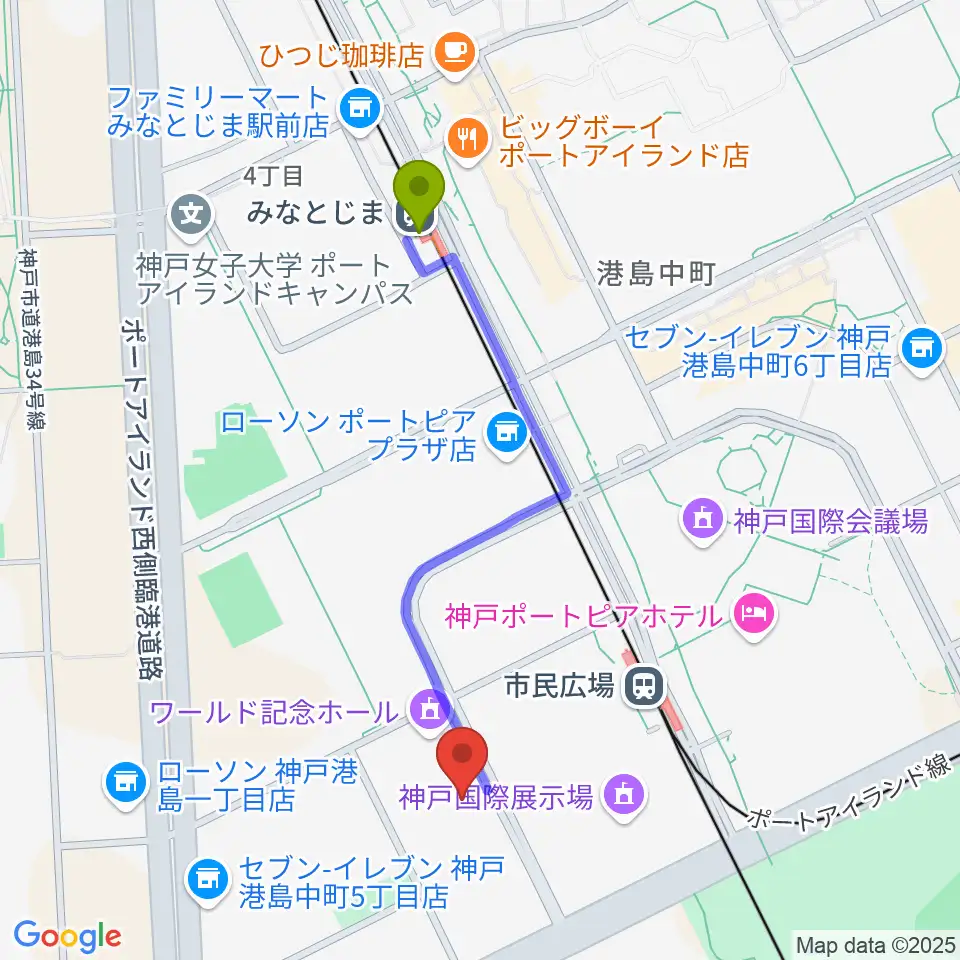 みなとじま駅からワールド記念ホールへのルートマップ地図