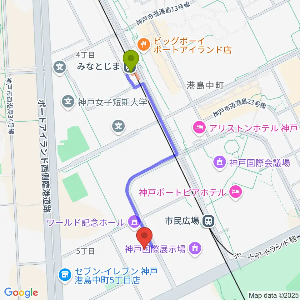 みなとじま駅からワールド記念ホールへのルートマップ地図