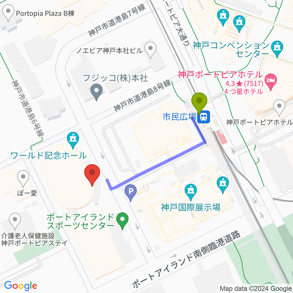 神戸ワールド記念ホールの最寄駅市民広場駅からの徒歩ルート（約3分）地図
