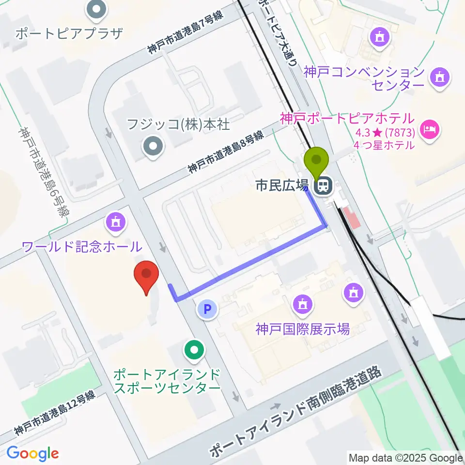 ワールド記念ホールの最寄駅市民広場駅からの徒歩ルート（約3分）地図