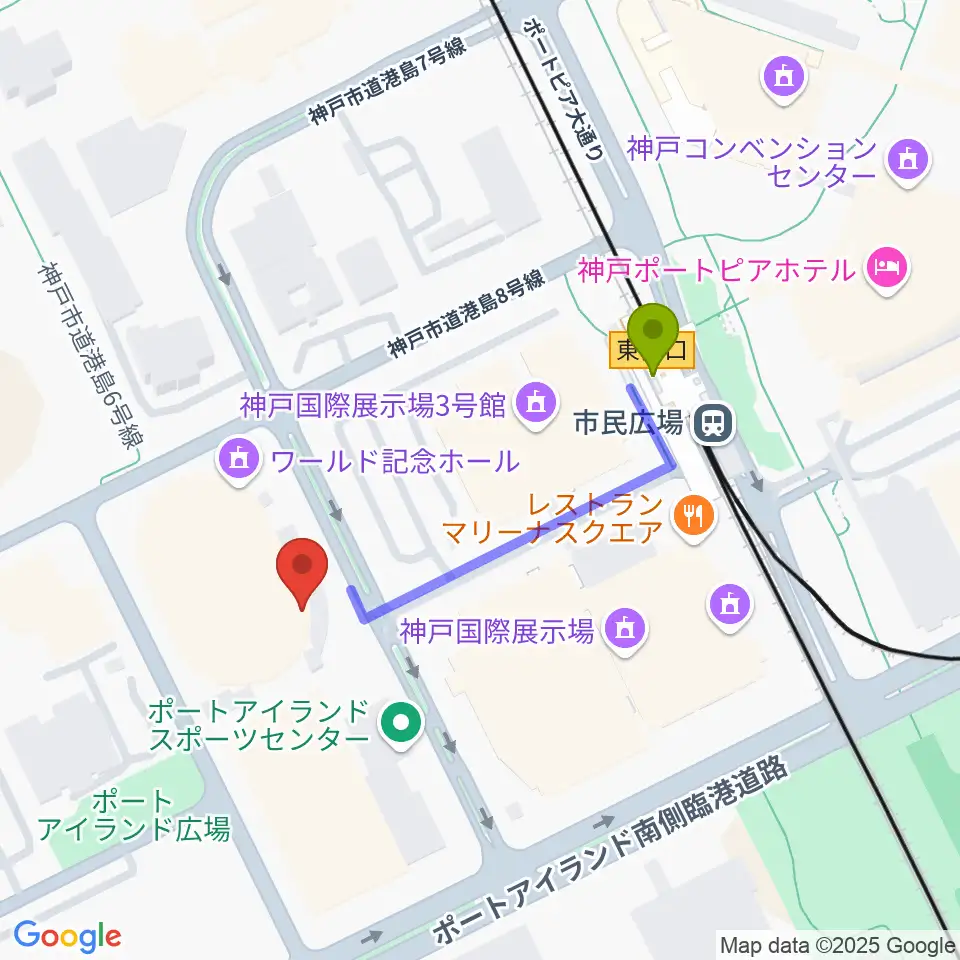 ワールド記念ホールの最寄駅市民広場駅からの徒歩ルート（約3分）地図