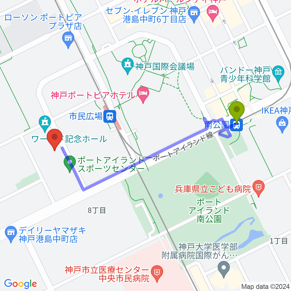 南公園駅から神戸ワールド記念ホールへのルートマップ地図