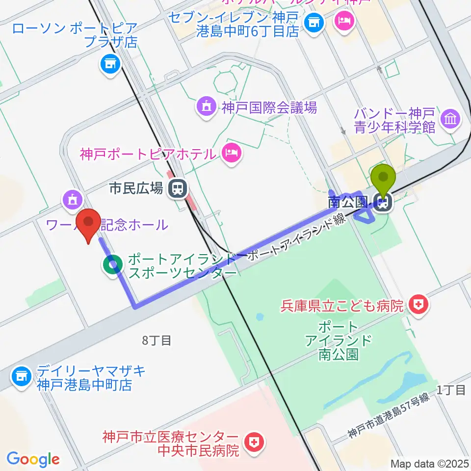 南公園駅からワールド記念ホールへのルートマップ地図