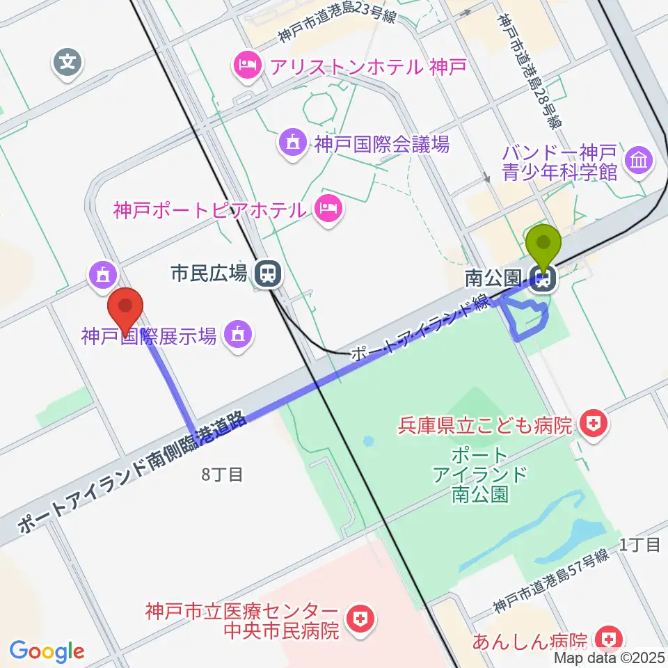 南公園駅からワールド記念ホールへのルートマップ地図