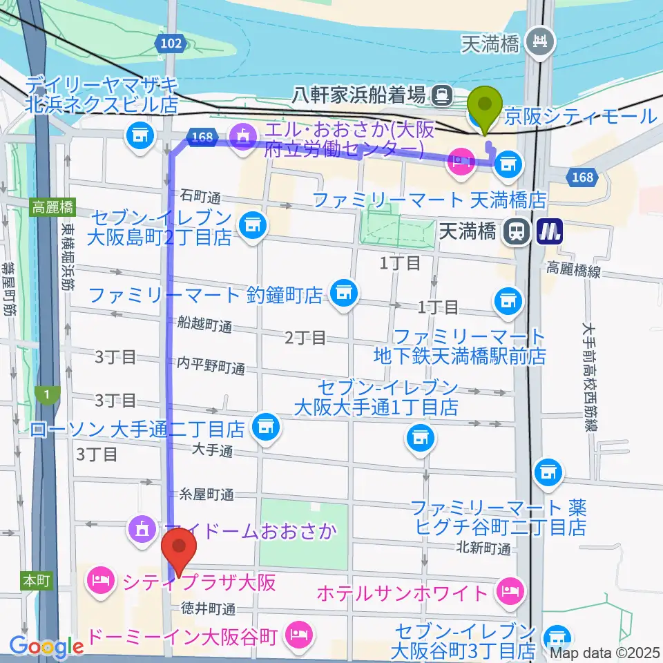 天満橋駅からLive bar Teasin'へのルートマップ地図