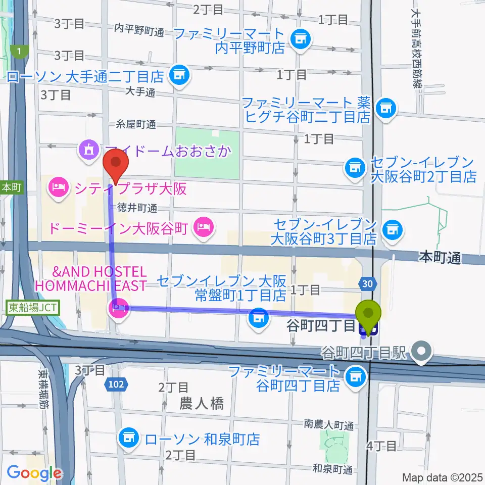 谷町四丁目駅からLive bar Teasin'へのルートマップ地図