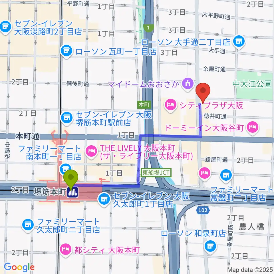 Live bar Teasin'の最寄駅堺筋本町駅からの徒歩ルート（約9分）地図