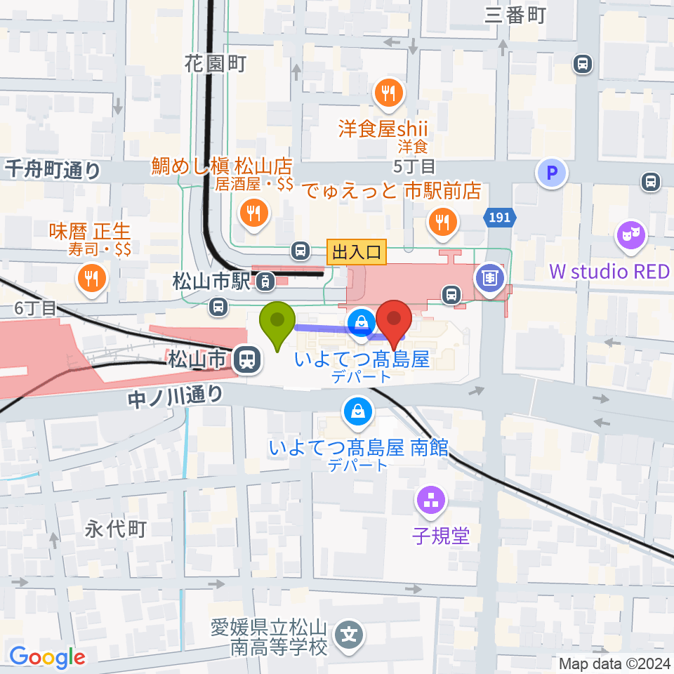 いよてつ高島屋9F ローズホールの最寄駅松山市駅からの徒歩ルート（約1分）地図