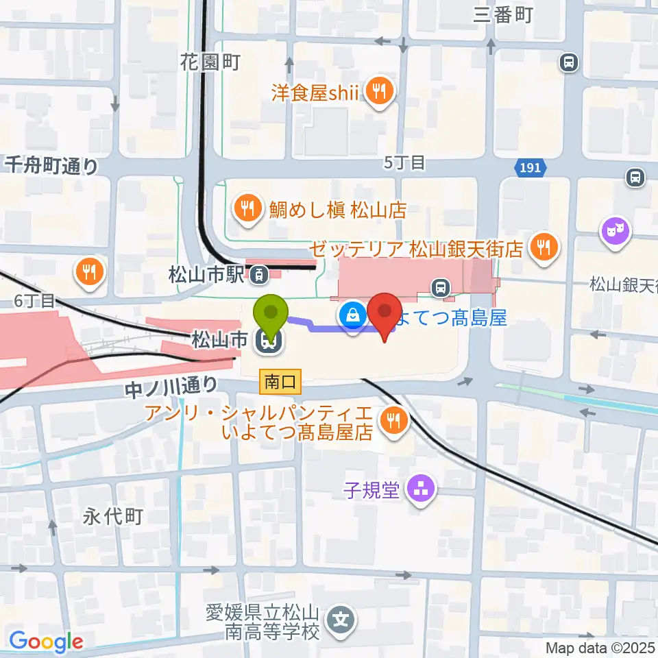 いよてつ高島屋9F ローズホールの最寄駅松山市駅からの徒歩ルート（約1分）地図
