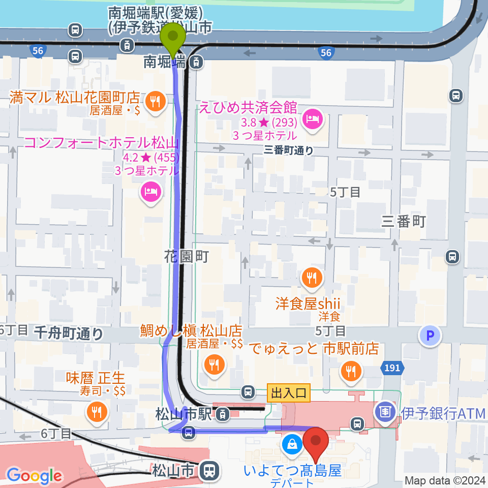 南堀端駅からいよてつ高島屋9F ローズホールへのルートマップ地図