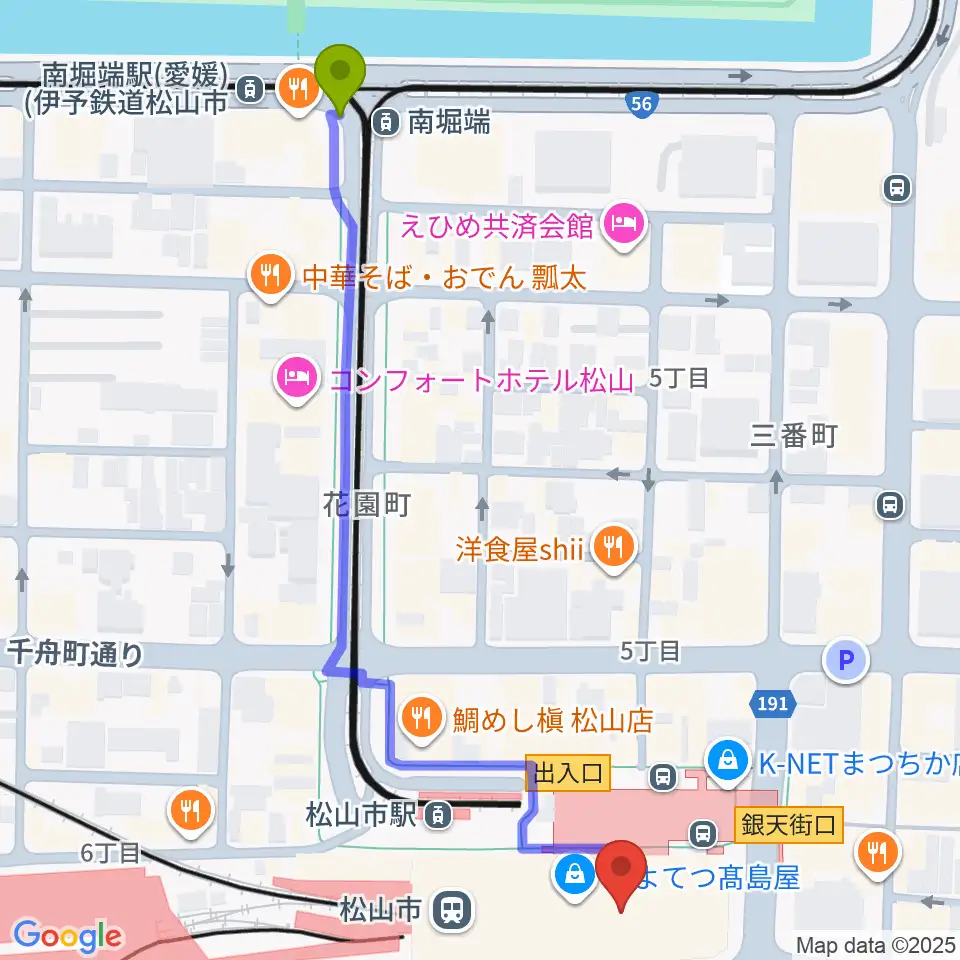 南堀端駅からいよてつ高島屋9F ローズホールへのルートマップ地図