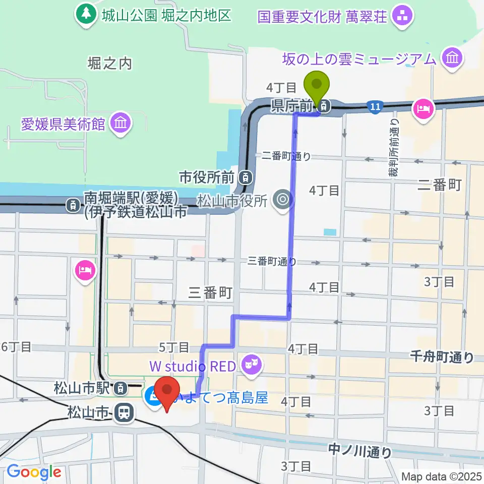 県庁前駅からいよてつ高島屋9F ローズホールへのルートマップ地図