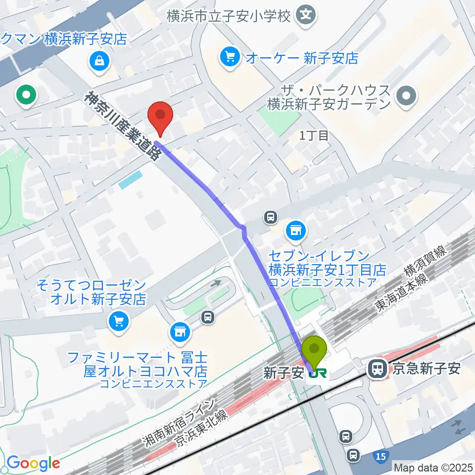 新子安ミュージックスペースグレコの最寄駅新子安駅からの徒歩ルート（約5分）地図