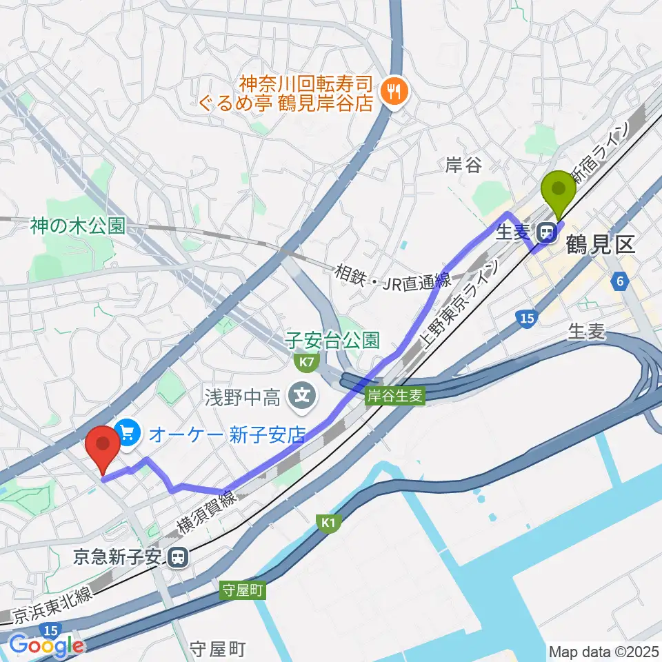 生麦駅から新子安ミュージックスペースグレコへのルートマップ地図