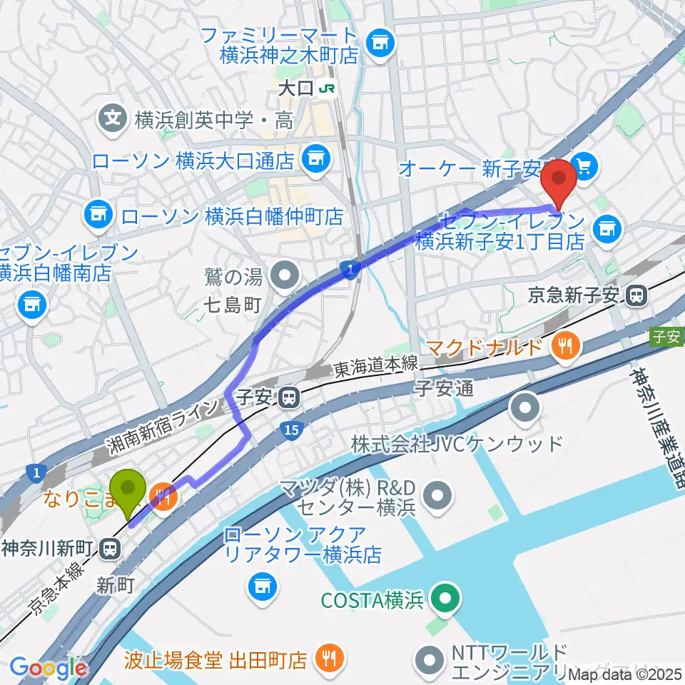 神奈川新町駅から新子安ミュージックスペースグレコへのルートマップ地図