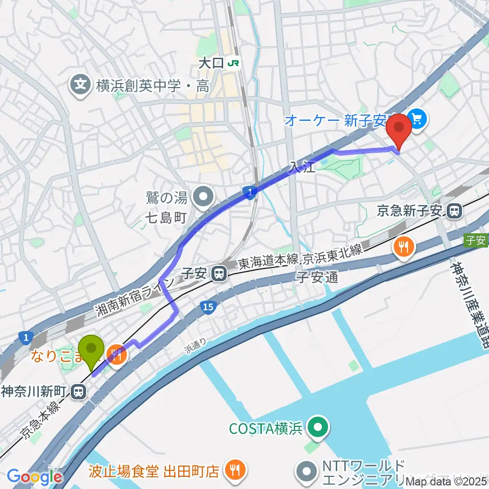 神奈川新町駅から新子安ミュージックスペースグレコへのルートマップ地図