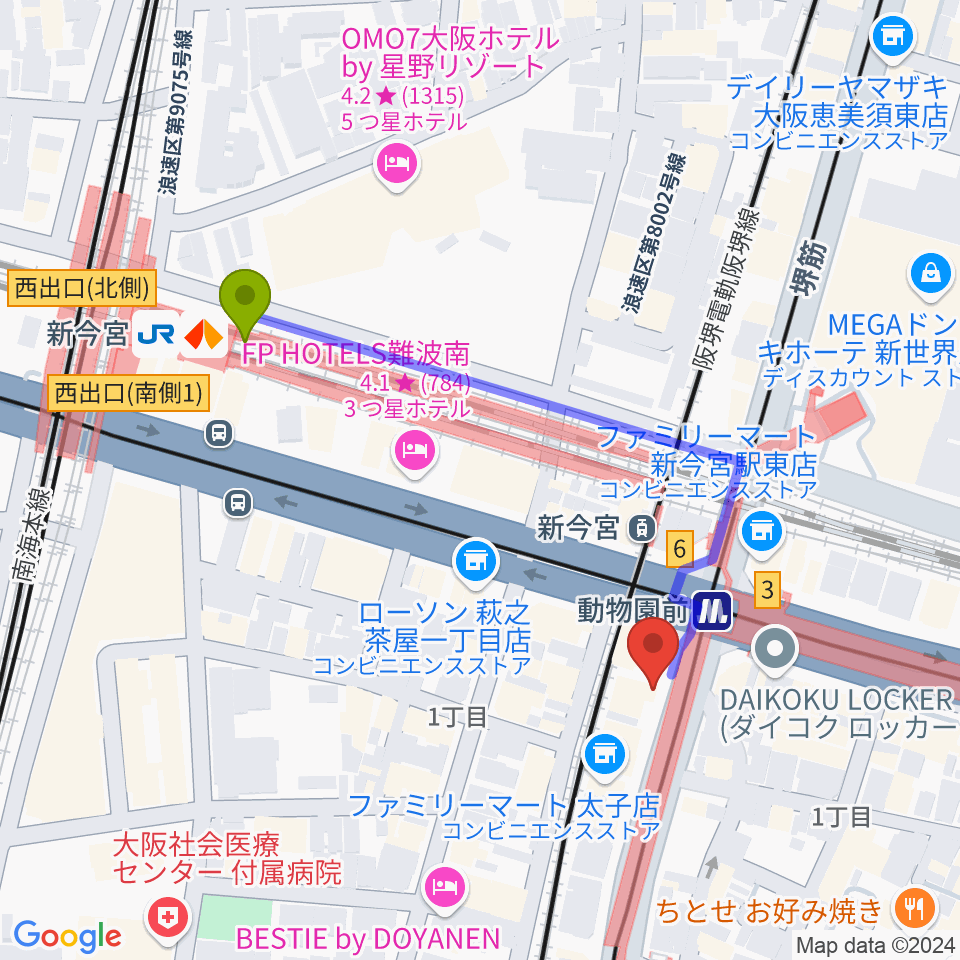 西成ドナリー at KAMA PUBの最寄駅新今宮駅からの徒歩ルート（約4分）地図