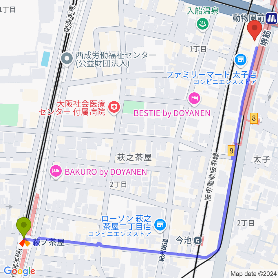 萩ノ茶屋駅から西成ドナリー at KAMA PUBへのルートマップ地図