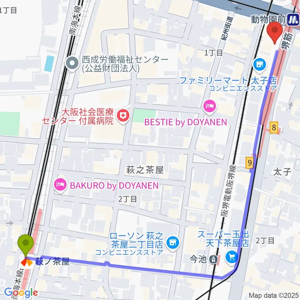 萩ノ茶屋駅から西成ドナリー at KAMA PUBへのルートマップ地図