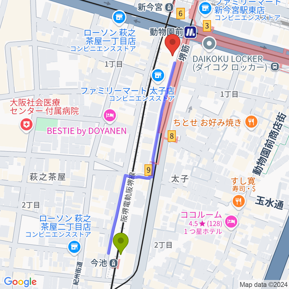 今池駅から西成ドナリー at KAMA PUBへのルートマップ地図