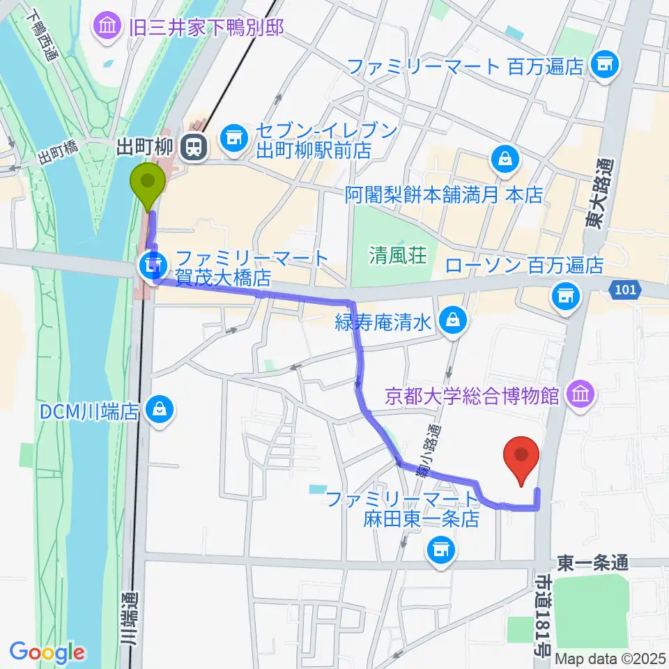 アンスティチュ・フランセ関西の最寄駅出町柳駅からの徒歩ルート（約11分）地図