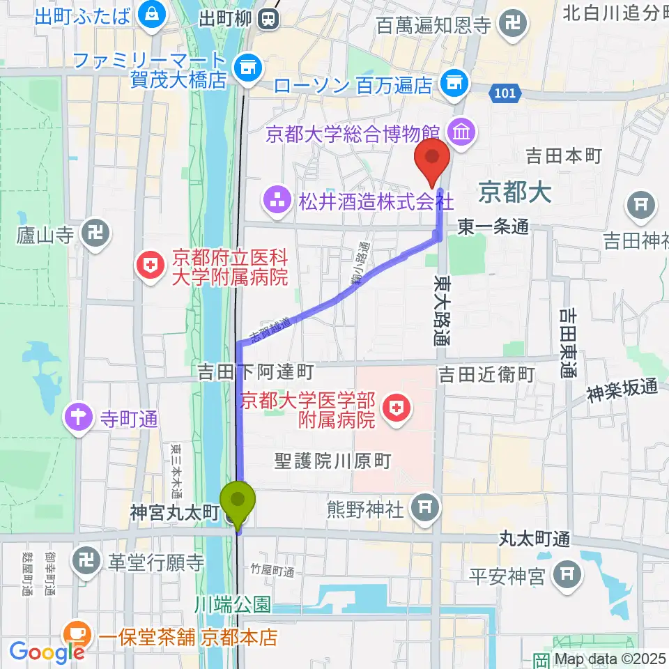 神宮丸太町駅からアンスティチュ・フランセ関西へのルートマップ地図