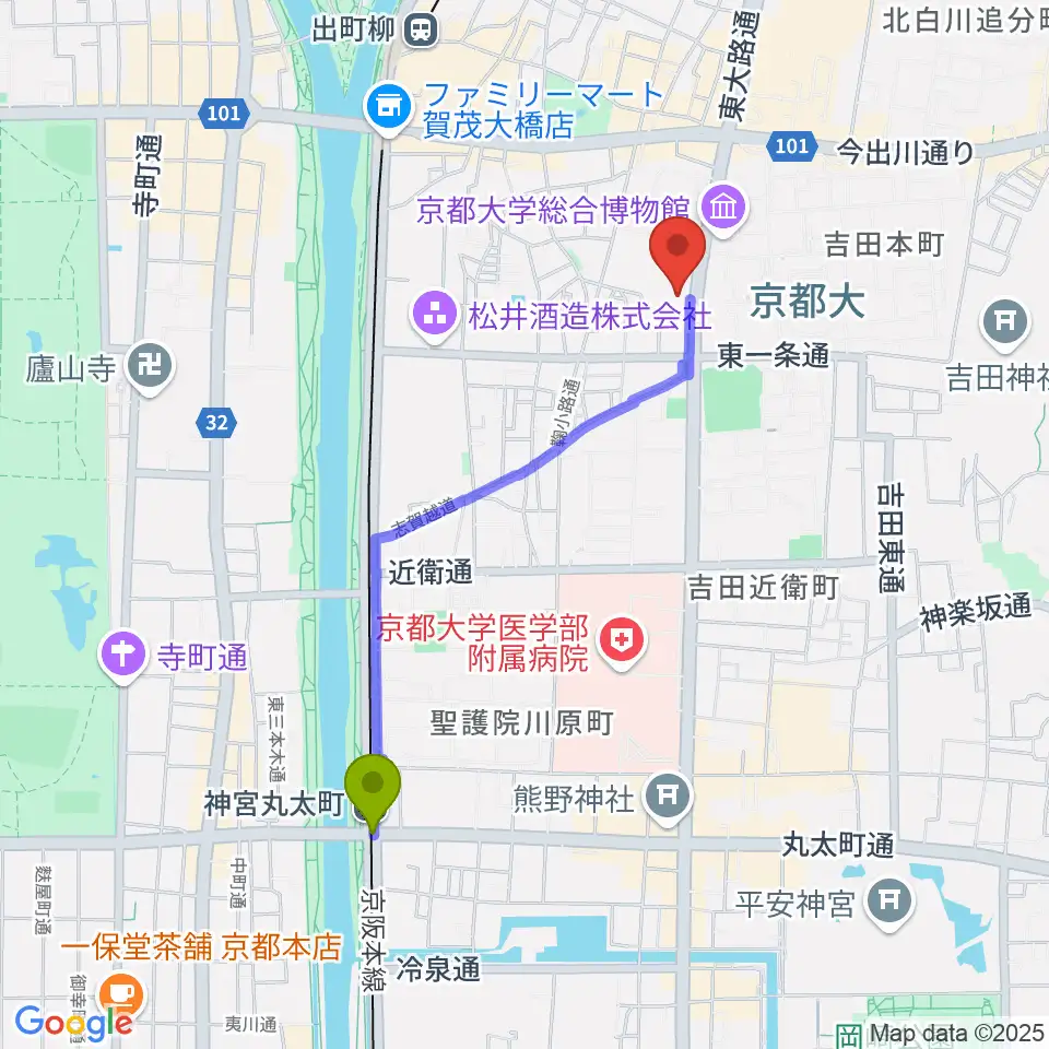 神宮丸太町駅からアンスティチュ・フランセ関西へのルートマップ地図