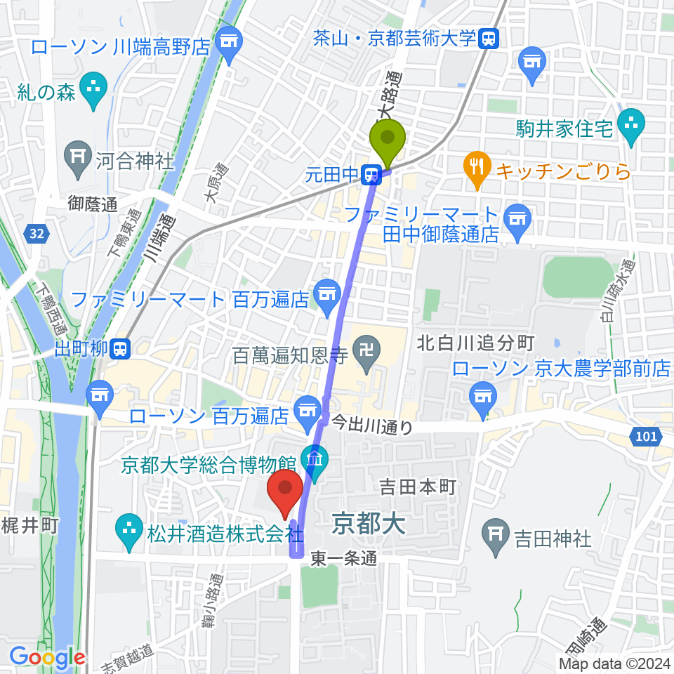 元田中駅からアンスティチュ・フランセ関西へのルートマップ地図