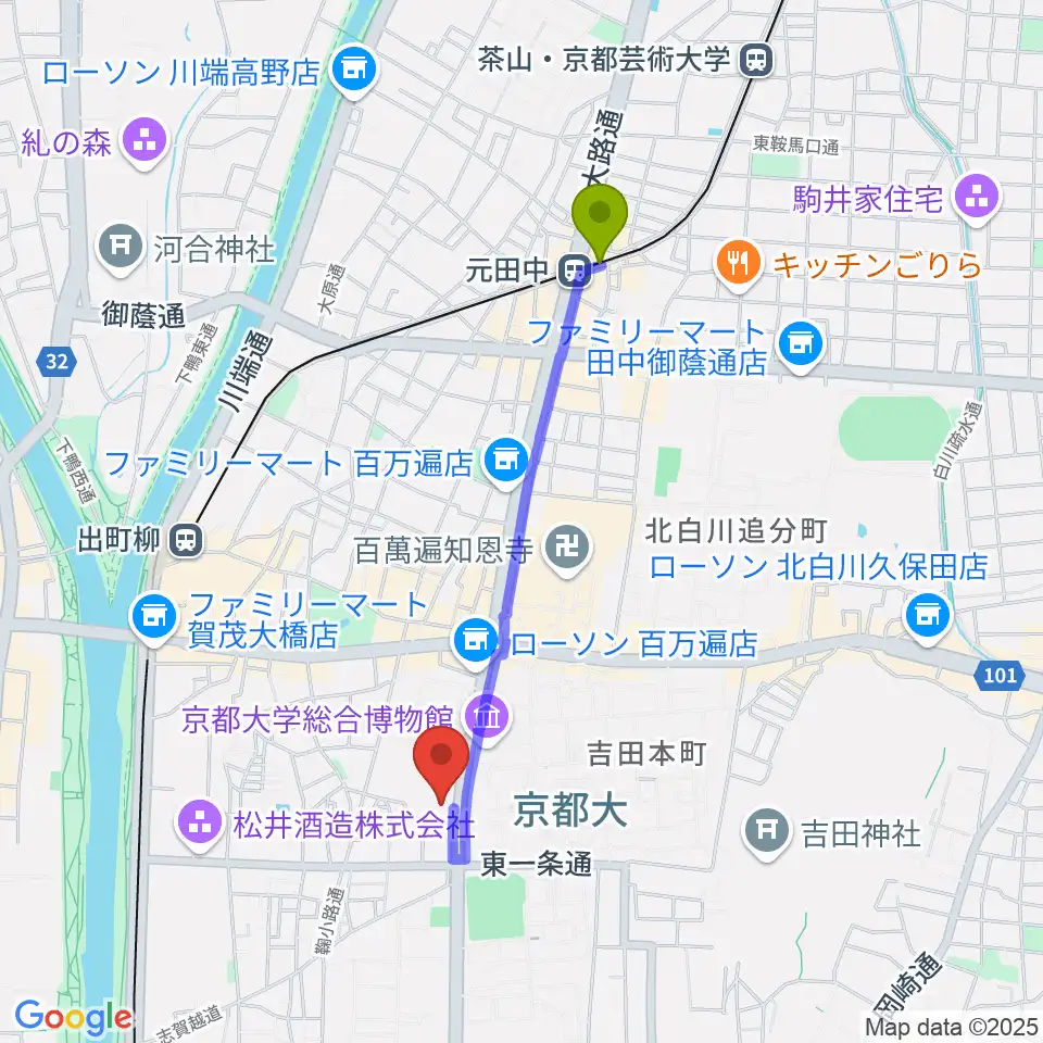 元田中駅からアンスティチュ・フランセ関西へのルートマップ地図