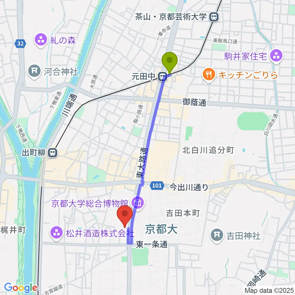 元田中駅からアンスティチュ・フランセ関西へのルートマップ地図