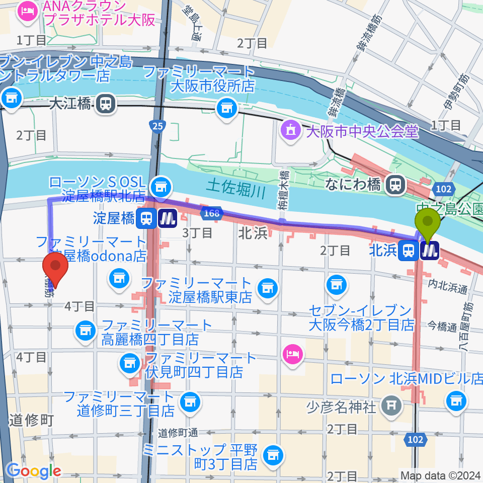 北浜駅から大阪倶楽部4Fホールへのルートマップ地図