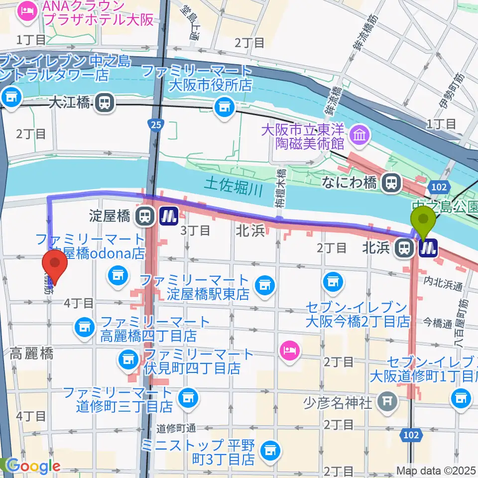 北浜駅から大阪倶楽部4Fホールへのルートマップ地図