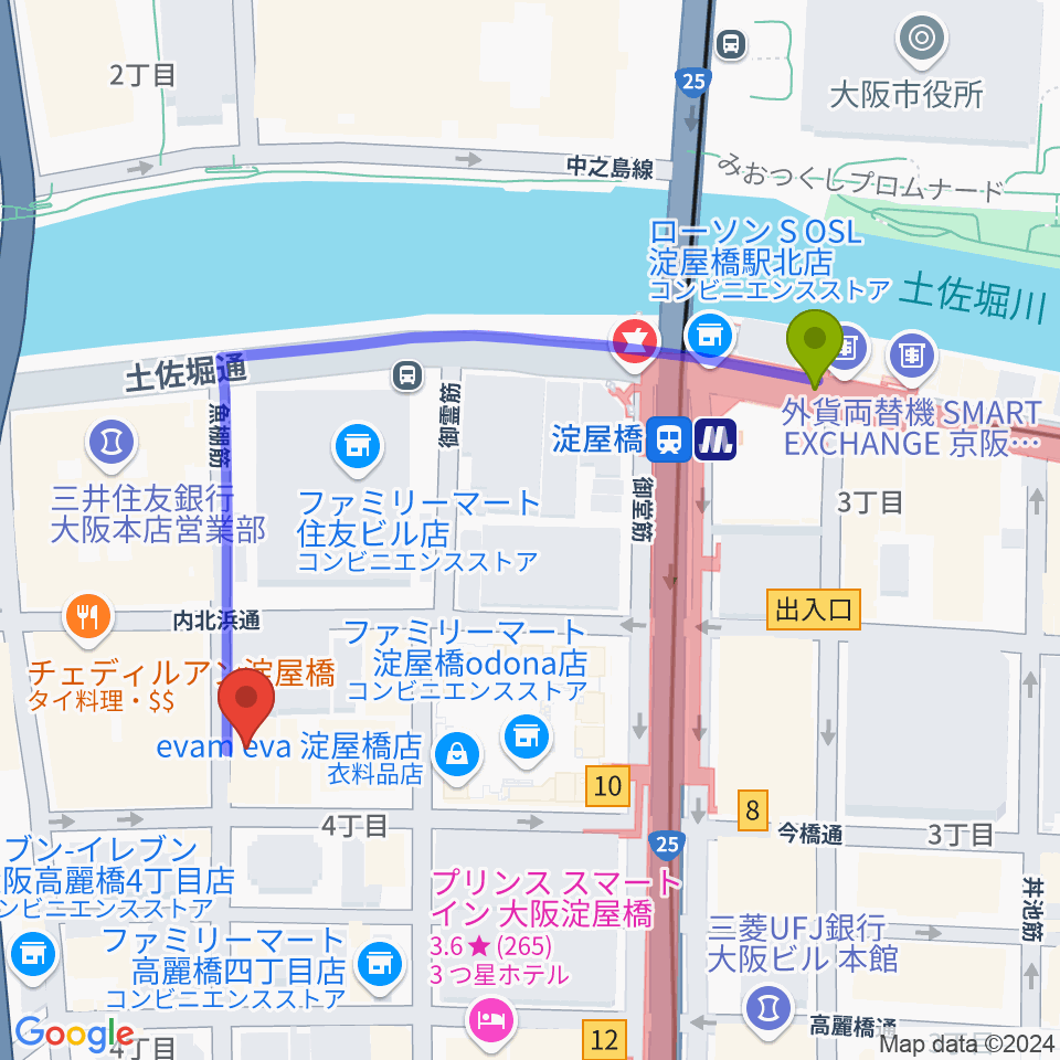 大阪倶楽部4Fホールの最寄駅淀屋橋駅からの徒歩ルート（約5分）地図