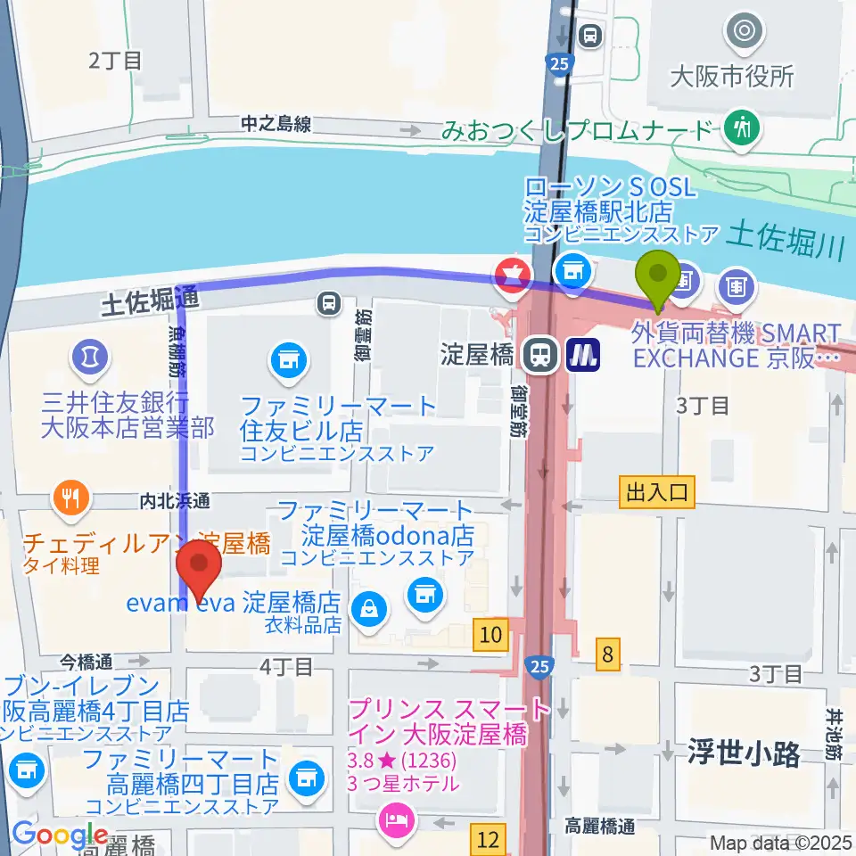 大阪倶楽部4Fホールの最寄駅淀屋橋駅からの徒歩ルート（約5分）地図