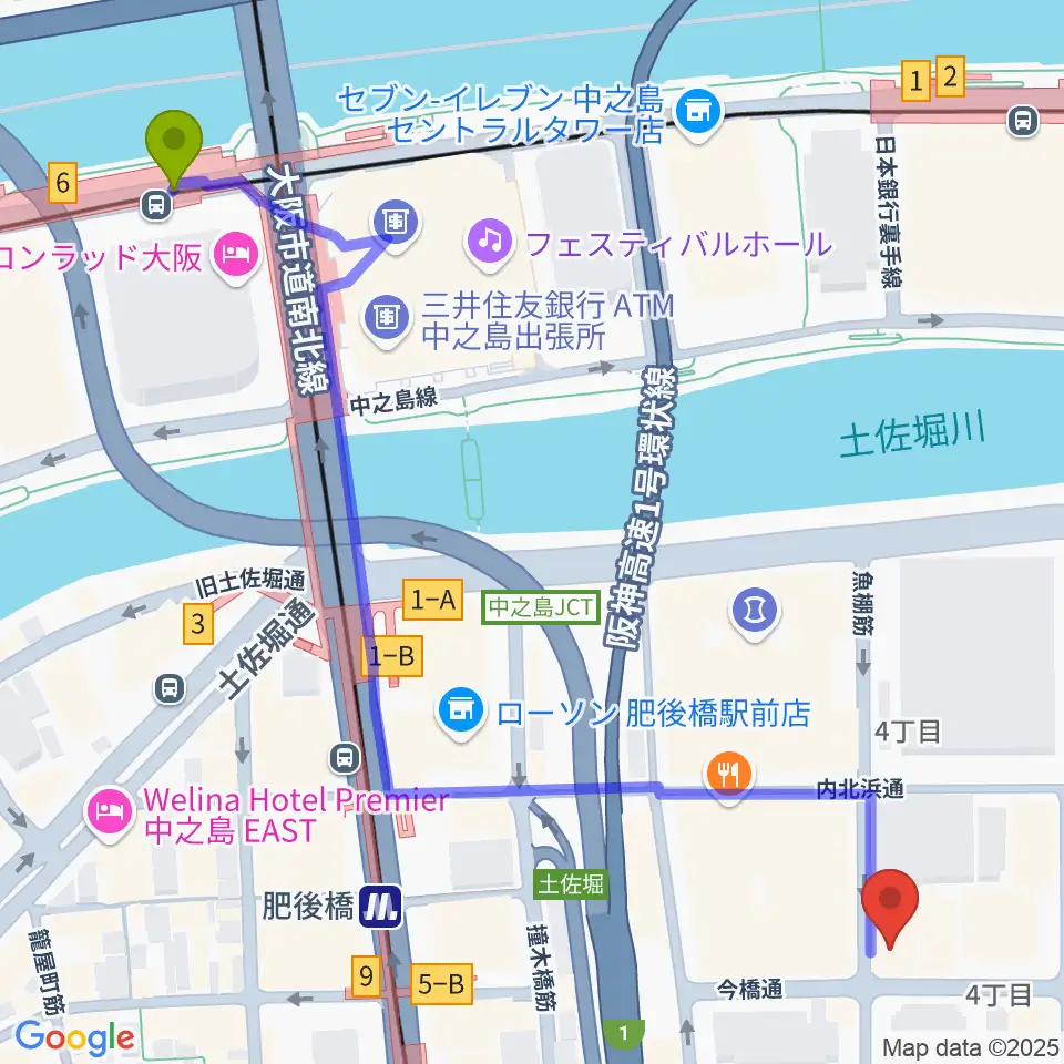 渡辺橋駅から大阪倶楽部4階ホールへのルートマップ地図