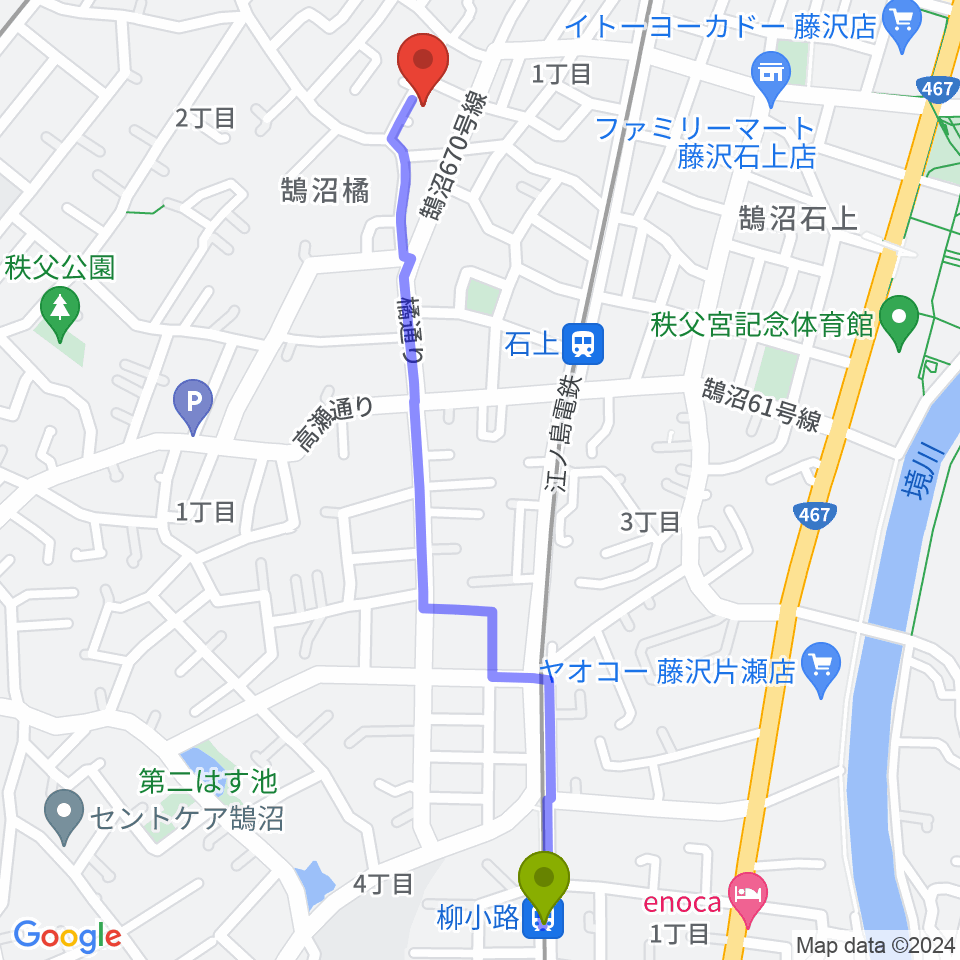 柳小路駅から藤沢ル・クラシックへのルートマップ地図