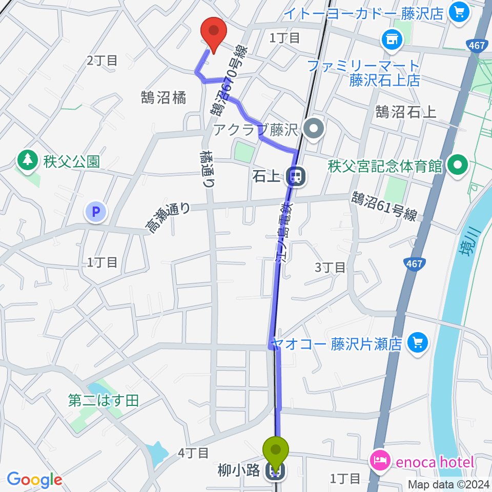 柳小路駅から藤沢ル・クラシックへのルートマップ地図