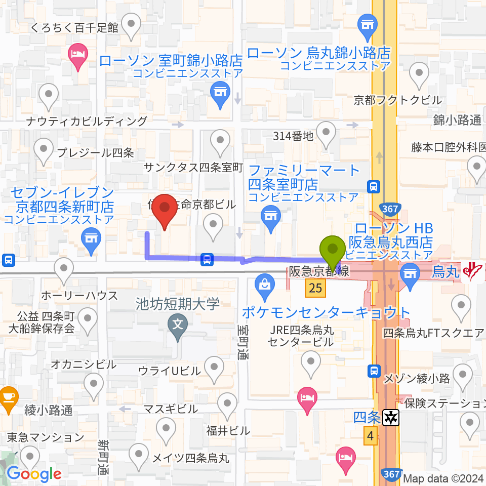 ヴィルトゥオーゾ京都四条烏丸店の最寄駅烏丸駅からの徒歩ルート（約3分）地図