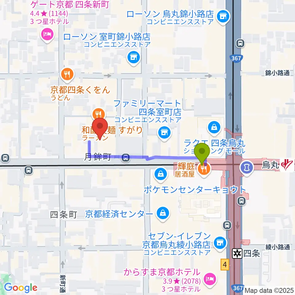 ヴィルトゥオーゾ京都四条烏丸店の最寄駅烏丸駅からの徒歩ルート（約3分）地図