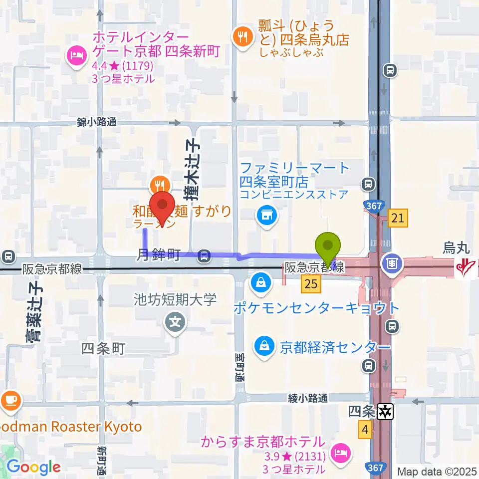 ヴィルトゥオーゾ京都四条烏丸店の最寄駅烏丸駅からの徒歩ルート（約3分）地図
