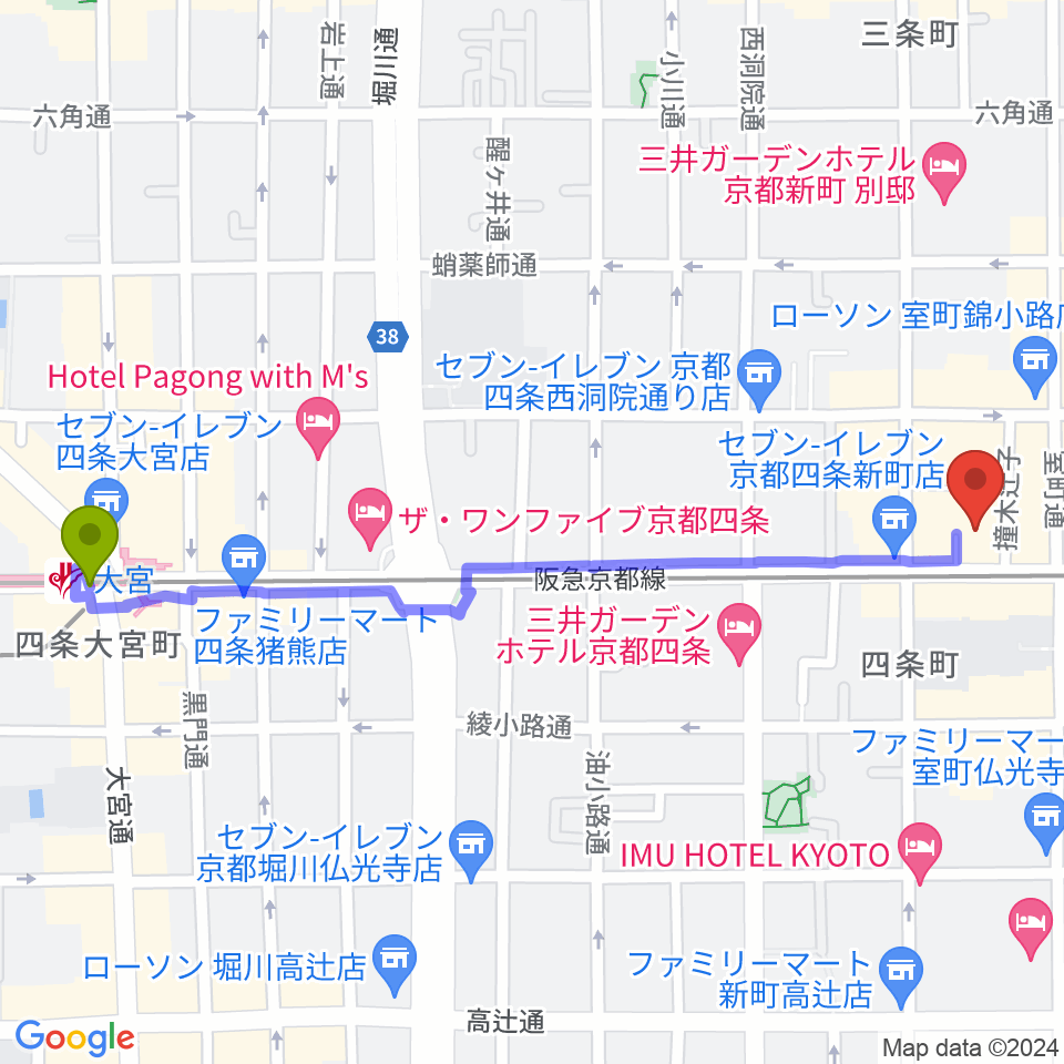 大宮駅からヴィルトゥオーゾ京都四条烏丸店へのルートマップ地図