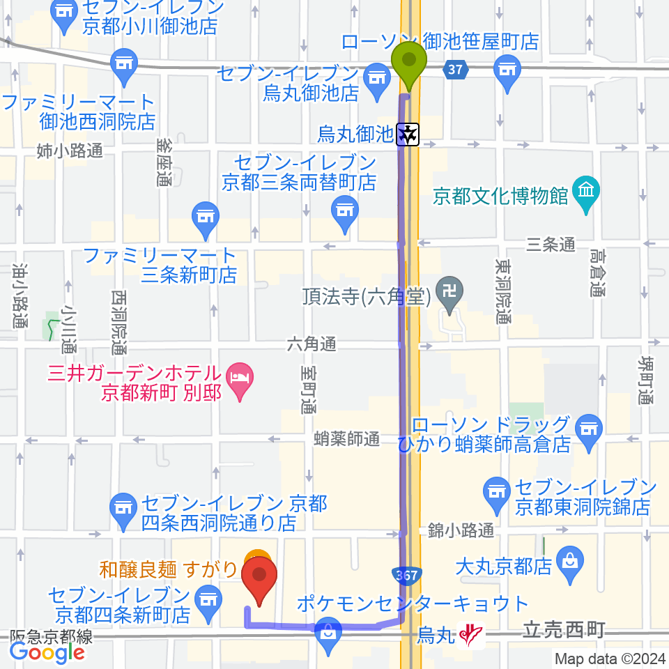 烏丸御池駅からヴィルトゥオーゾ京都四条烏丸店へのルートマップ地図