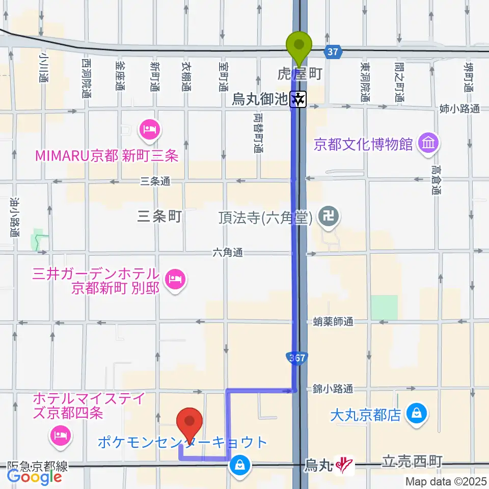 烏丸御池駅からヴィルトゥオーゾ京都四条烏丸店へのルートマップ地図