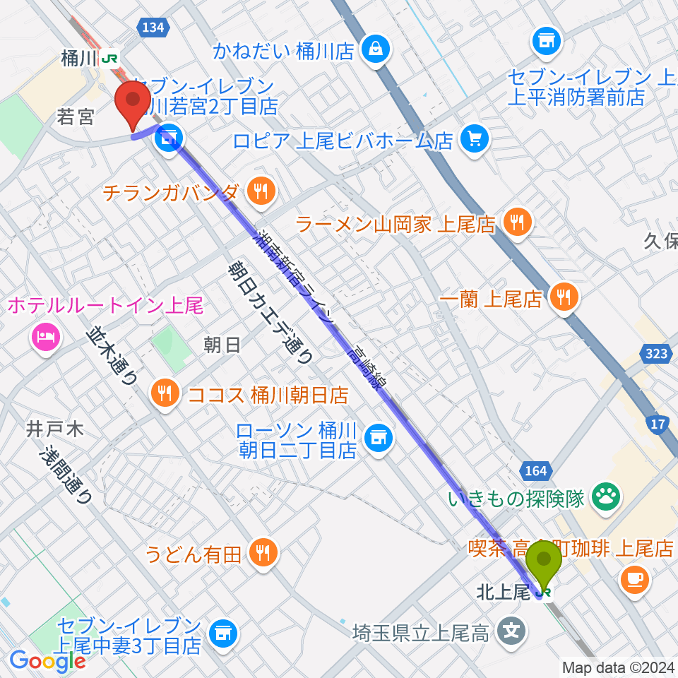 北上尾駅から桶川の音楽スタジオVEINへのルートマップ地図