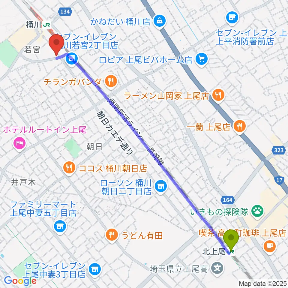 北上尾駅から桶川の音楽スタジオVEINへのルートマップ地図