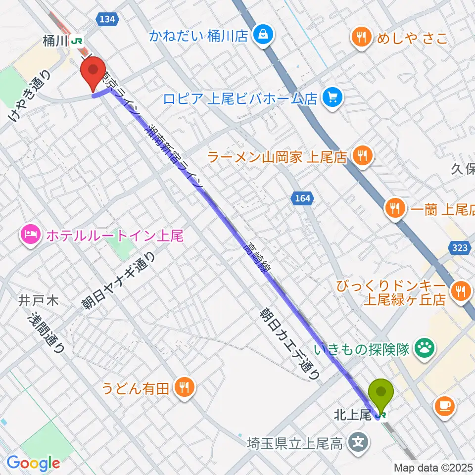 北上尾駅から桶川の音楽スタジオVEINへのルートマップ地図