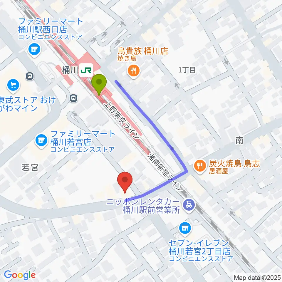 桶川の音楽スタジオVEINの最寄駅桶川駅からの徒歩ルート（約3分）地図