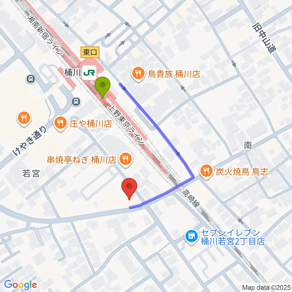 桶川の音楽スタジオVEINの最寄駅桶川駅からの徒歩ルート（約3分）地図